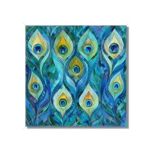 May include: A blue and green abstract pattern with peacock feathers. The feathers are stylized and have a mosaic-like appearance.