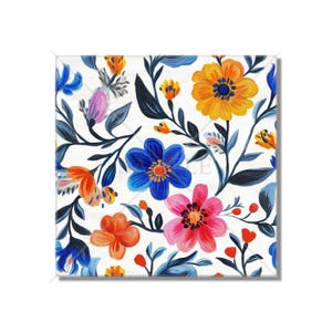 May include: A white background with a repeating pattern of blue, pink, orange, and yellow flowers. The flowers are painted in a watercolor style and have a whimsical feel.