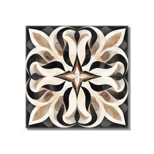 May include: A black and white tile with a brown and white floral pattern. The tile has a geometric design with a star in the center.