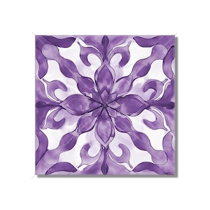 May include: Purple watercolor tile with a floral design. The tile has a white background with a purple floral pattern in the center and a purple border.