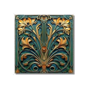 Ceramic Tile Art Deco - Art Nouveau Design Blue Green Gold Tones - Kitchen Backsplash Tile Bathroom Tile - Antique Design Tile - Unique Tile