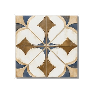 May include: Square decorative tile with a repeating pattern. The design features white, brown, and navy blue shapes arranged in a symmetrical pattern. The tile has a distressed, vintage appearance, with a slightly worn look.