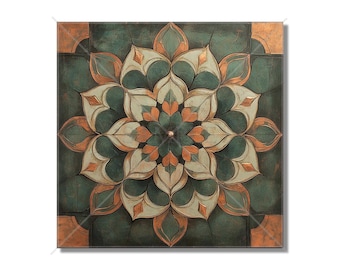May include: A square canvas wall art featuring a green, white, and copper mandala design. The mandala has a central circle with a small, raised, metallic dot in the center. The mandala is surrounded by a square frame with copper accents.