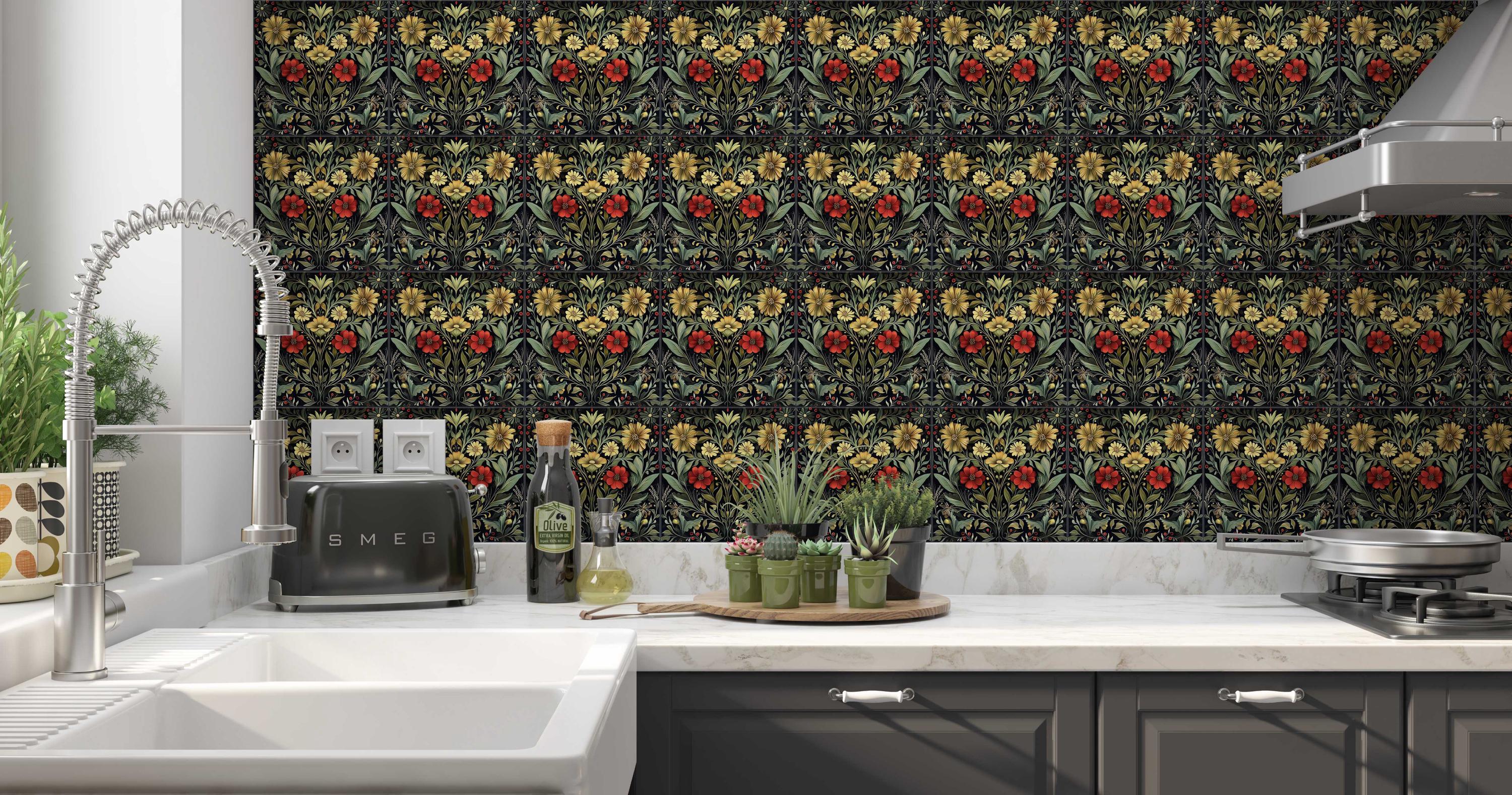 Red and Green Floral Ceramic Tile - Vintage French Floral Design Tile ...
