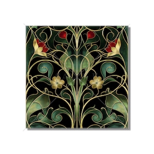 Red And Green Floral Ceramic Tile - Vintage French Floral Vines Design - Kitchen Backsplash Tile Bathroom Wall Tile Fireplace Ceramic Tile