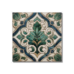May include: Square decorative tile with a symmetrical floral design. The tile features a central teal and gold floral motif, framed by a dark blue border and teal accents on a cream background. The design is reminiscent of traditional tilework.