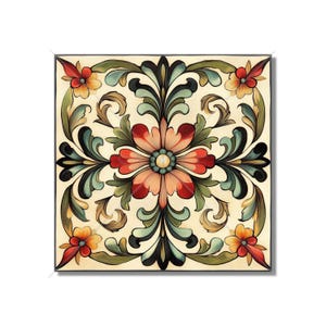 May include: A square tile with a floral design. The tile is painted in shades of red, green, blue, and yellow. The design features a large central flower with four petals, surrounded by smaller flowers and leaves.