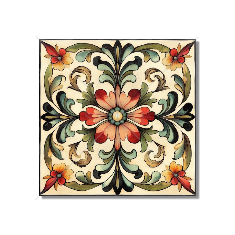 Cream Red Green Floral Ceramic Tile - Patterned Floral Design Tile ...