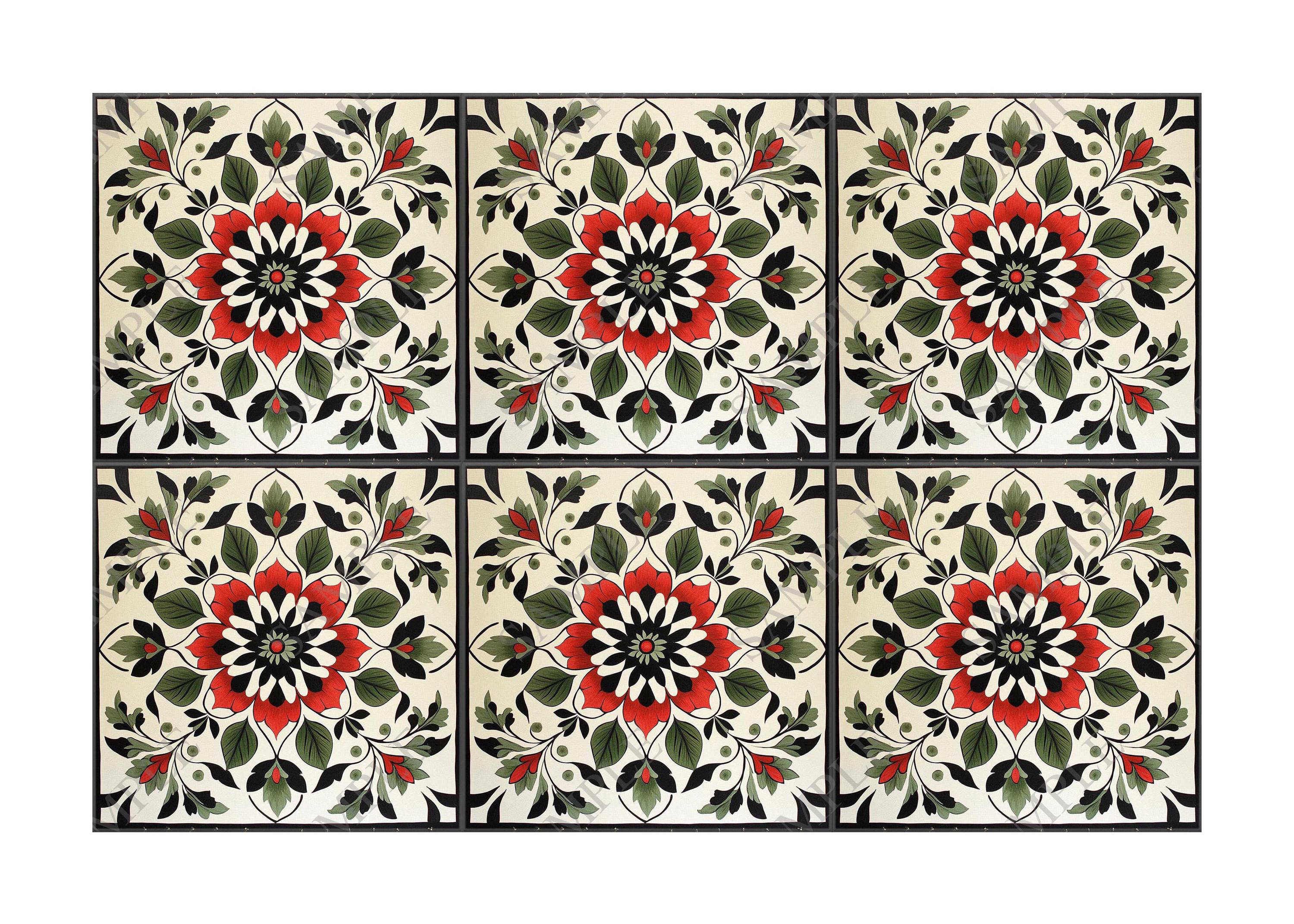 Red and Green Ceramic Tile - Vintage French Floral Design Tile ...