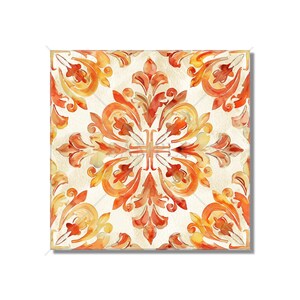 May include: A square tile with a repeating pattern of orange and yellow floral designs on a cream background.