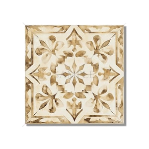 May include: A square tile with a brown and white geometric pattern. The pattern features a central star with four points, surrounded by smaller stars and floral motifs.