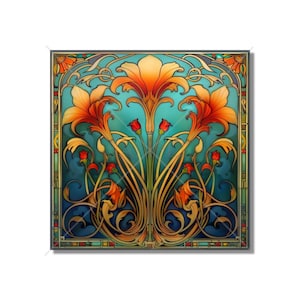 Vintage Art Nouveau Floral Design Ceramic Tile Blue Red Gold Kitchen Backsplash Tile Bathroom Tile Antique Design Tile - Free Shipping