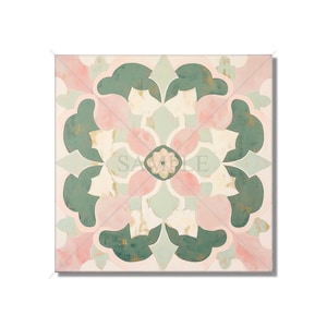 May include: Square decorative tile with a symmetrical floral design. The pattern features soft pink, sage green, and cream-colored shapes with gold accents. The word "SAMPLE" is printed across the center of the tile.