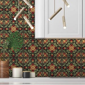 Red and Green Floral Ceramic Tile - Vintage French Floral Design Tile ...