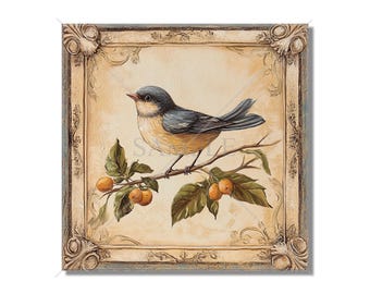 May include: A bluebird with a yellow breast perches on a branch with small orange fruit. The bird is framed in a decorative, ornate, light brown frame with a blue border.