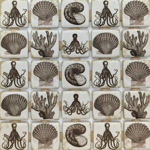Vintage Octopus And Seashells Mosaic Tile Pieces - Ceramic Mosaic Tiles - Beach Design Wall Tiles - Beach Bathroom Tile