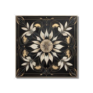 May include: Black and white floral design with gold accents on a black background. The design is symmetrical and features a central flower with petals radiating outwards.