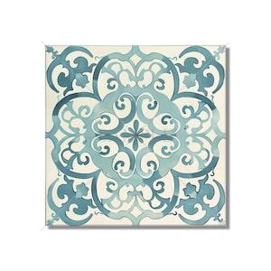 May include: A square tile with a blue and white geometric pattern. The pattern is intricate and features a repeating design of swirls and curves.