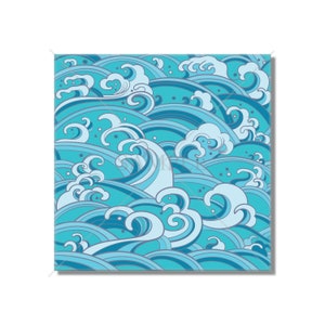 May include: A seamless pattern of blue and turquoise waves. The waves are stylized and have a traditional Japanese design.