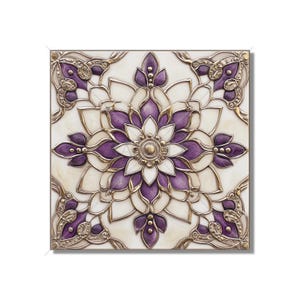 May include: A square tile with a purple and gold mandala design. The mandala has a central flower with eight petals, surrounded by a ring of smaller flowers.