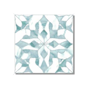 May include: A square tile with a geometric pattern in shades of blue and white. The pattern is made up of small, irregular shapes that create a mosaic effect.
