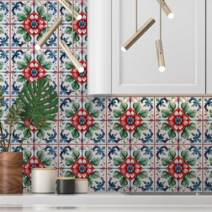 Blue Red Green Floral Ceramic Tile - Vintage Floral Design Tile Ceramic ...