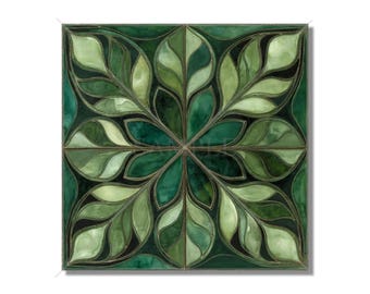 Emerald and Sage Green Shaded Leaf Patterned Ceramic Tile, Kitchen Backsplash, Stair Riser Tiles, Unique Backsplash Tile, Green Accent Tiles