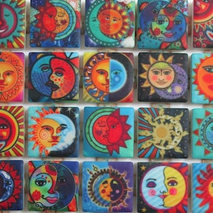 Moon And Sun Faces Bright Colors Mosaic Tile Pieces - Ceramic Mosaic Tiles - 36 Pieces Of Mixed Decorative Mosaic Tiles