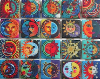 Moon And Sun Faces Bright Colors Mosaic Tile Pieces - Ceramic Mosaic Tiles - 36 Pieces Of Mixed Patterned Mosaic Tiles