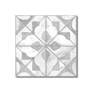 May include: A white ceramic tile with a gray geometric pattern. The pattern is made up of four large, stylized flower shapes that are connected in the center. The tile has a slightly distressed look.