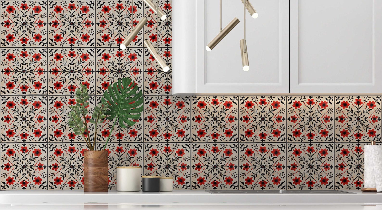 Red and Black Ceramic Tile - Vintage French Floral Design Tile - Red ...