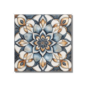 May include: A square tile with a blue, white, and gold floral design. The center of the tile features a large flower with eight petals, surrounded by smaller flowers and intricate patterns.