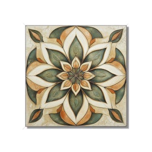 May include: A square tile with a geometric pattern of green, brown, and white. The pattern is a stylized flower with multiple layers of petals.