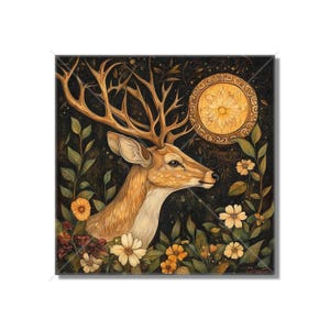Deer Ceramic Tile - Vintage Design Deer Ceramic Tile - Sun And Moon Deer Tile - Magical Deer Design Home Decor - Deer Mural - Free Shipping