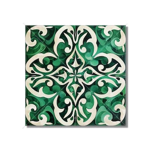 May include: Square decorative tile with a symmetrical design. The tile features a repeating pattern of white and various shades of green, creating a visually appealing contrast. The design is reminiscent of traditional tilework, suitable for home decor.