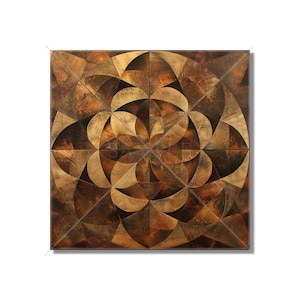 May include: Abstract geometric pattern in shades of brown and gold. The pattern is made up of overlapping circles and triangles.