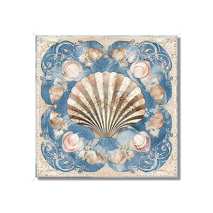 May include: A blue and white tile with a large seashell in the center and smaller seashells around the border. The tile has a vintage, distressed look.