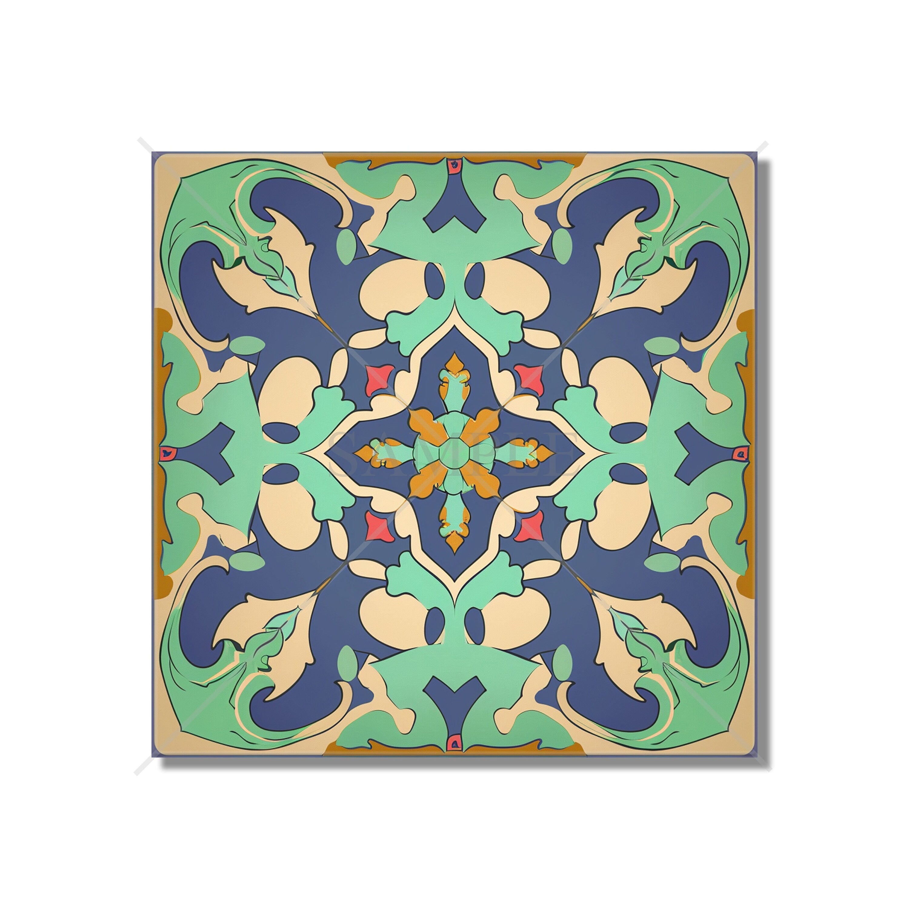 Blue Green Tan Ceramic Tile - Vintage Moroccan Tile Design - Blue Kitchen Backsplash Tile - Bathroom Wall Tile - Patterned Ceramic Tile