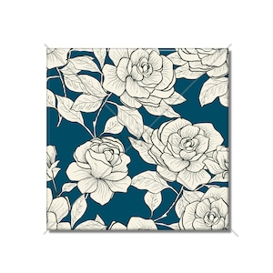 May include: A seamless pattern featuring white roses and leaves on a teal blue background. The roses are drawn in a vintage style with intricate details.