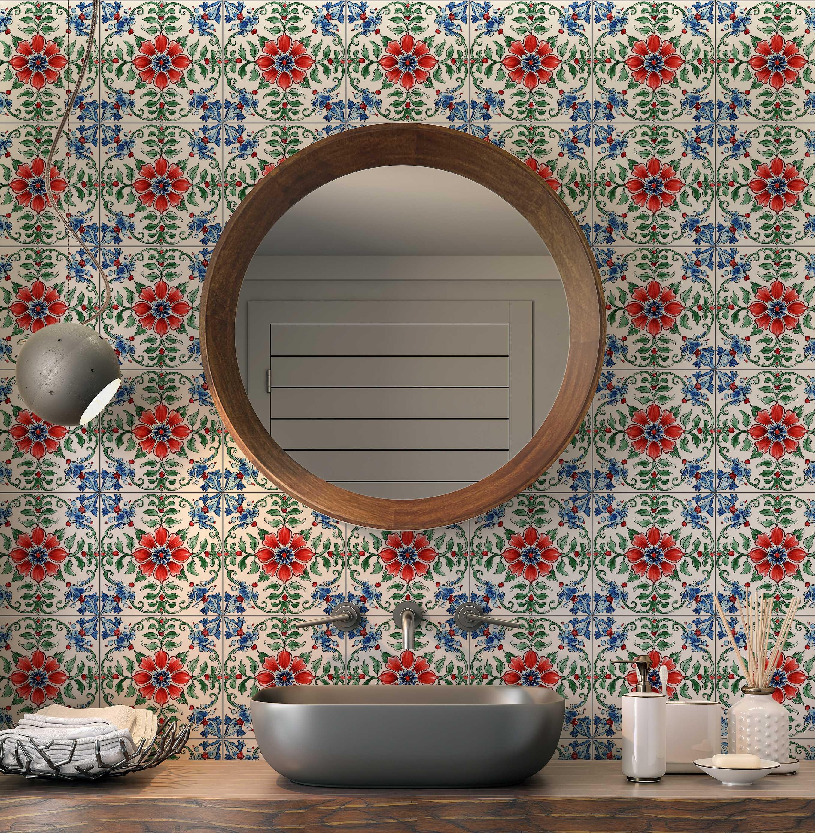 Blue Red Green Floral Ceramic Tile - Vintage Floral Design Tile Ceramic ...