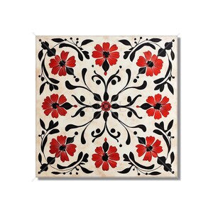 May include: A square canvas painting with a repeating pattern of red flowers and black vines on a cream background.