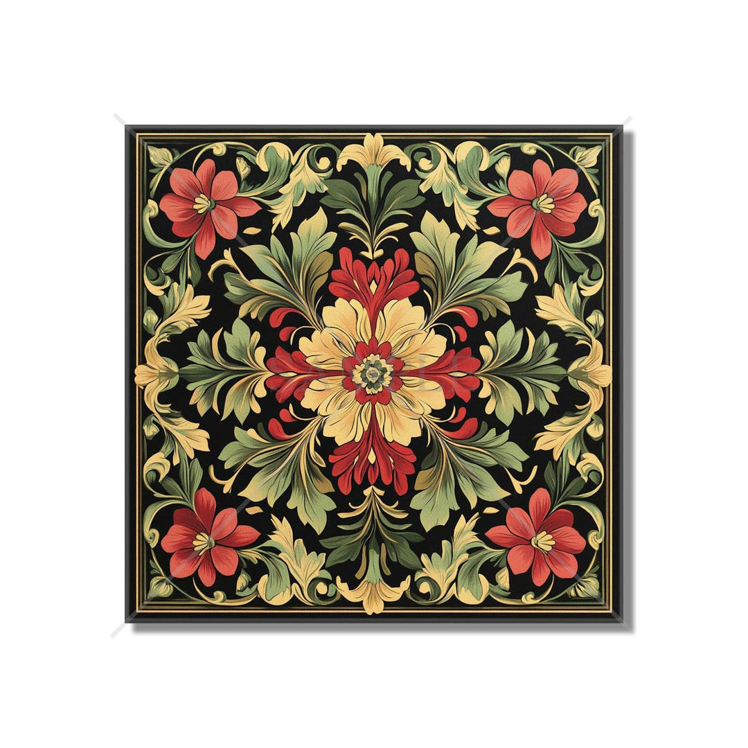 Red and Green Floral Ceramic Tile - Vintage French Floral Design Tile ...