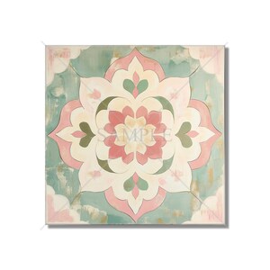 May include: Square canvas art featuring a symmetrical floral design. The artwork showcases a central flower in shades of pink, cream, and green, set against a teal and cream background. The design has a painted, textured appearance.