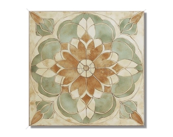 May include: Square decorative tile featuring a symmetrical floral design. The design incorporates a central flower in shades of brown and cream, surrounded by green and cream petal-like shapes. The tile has a distressed, aged appearance.