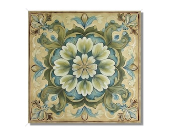 May include: A square painting with a floral design in shades of green, blue, and white. The design features a central flower with intricate details and swirling patterns.
