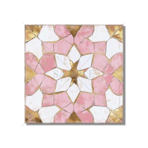 May include: A square canvas painting with a geometric pattern of pink and gold shapes. The pattern is reminiscent of a mosaic tile design.