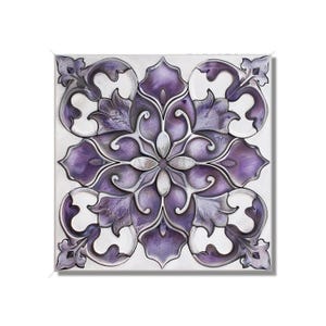 May include: A square tile with a purple and silver floral design. The tile has a white background and the floral design is intricate and detailed.