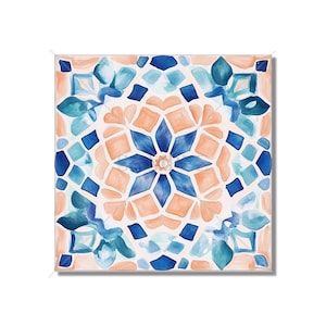 May include: A watercolor painting of a blue and peach geometric tile pattern. The tile features a central star shape surrounded by smaller geometric shapes.