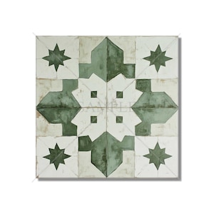 May include: Square tile with a repeating pattern in shades of green and white. The design features geometric shapes and star-like elements, creating a symmetrical and decorative appearance. The tile has a slightly distressed, aged look.