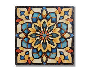 Puede incluir: Un azulejo cuadrado con un patrón geométrico colorido. El azulejo presenta un diseño floral central con colores azules, amarillos, naranjas y rojos. El azulejo tiene un borde marrón oscuro.